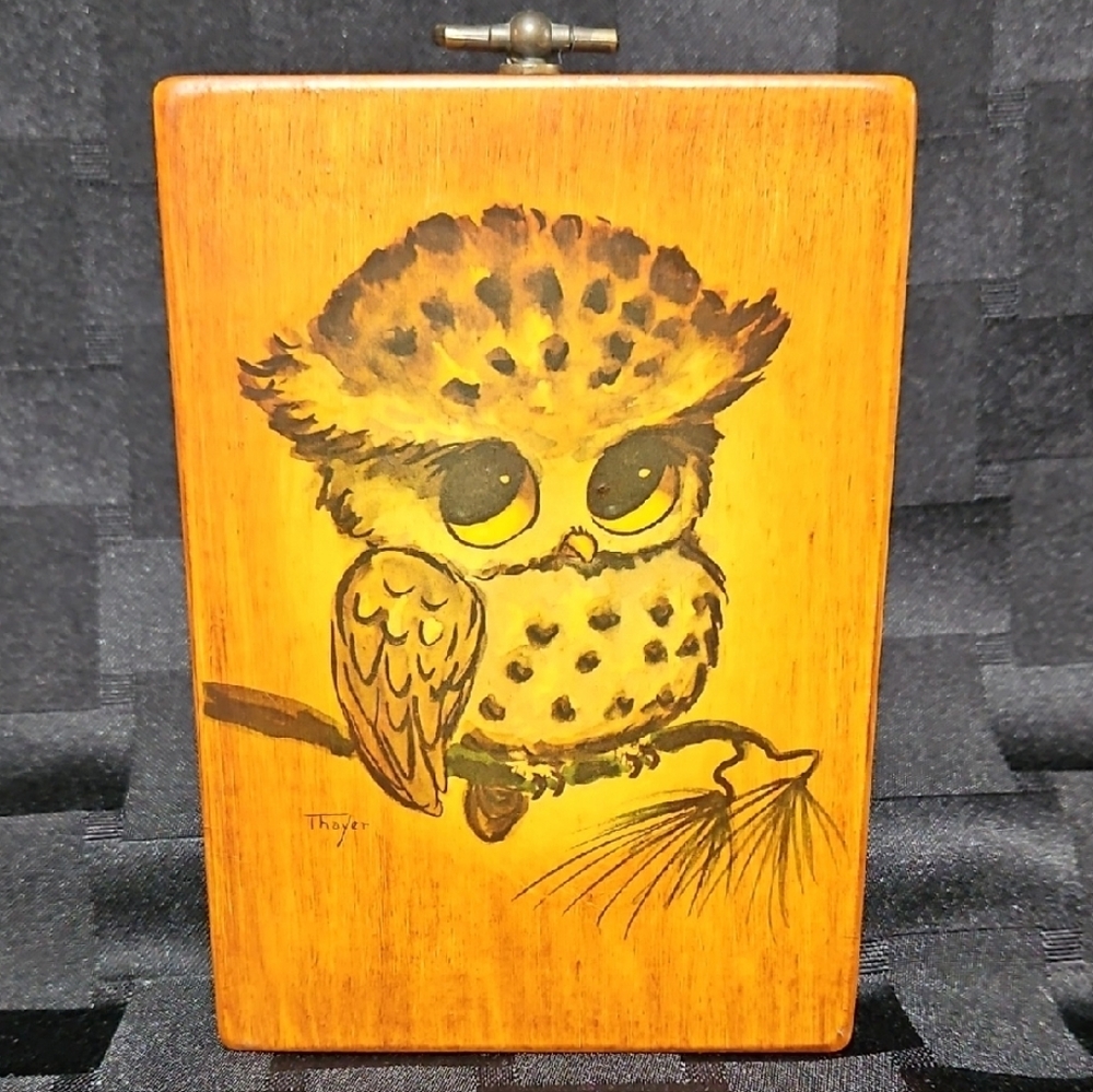 VTG Thayer Signed Big-Eyed Owl Wooden Wall Plaque Art Mid Century Kitsch